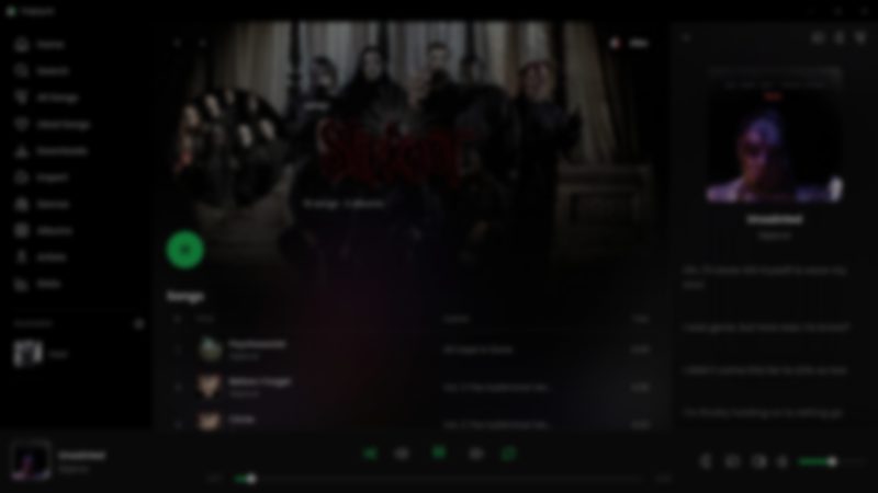 Triptych in the Spotify look, on the Slipknot artist page with lyrics on the right
